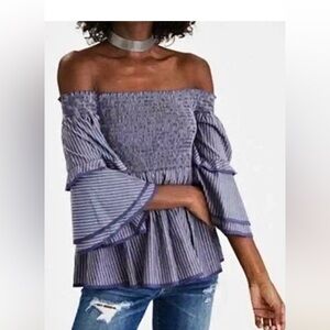 American Eagle XL Blue Striped Boho Off the Shoulder Smocked Ruffled top